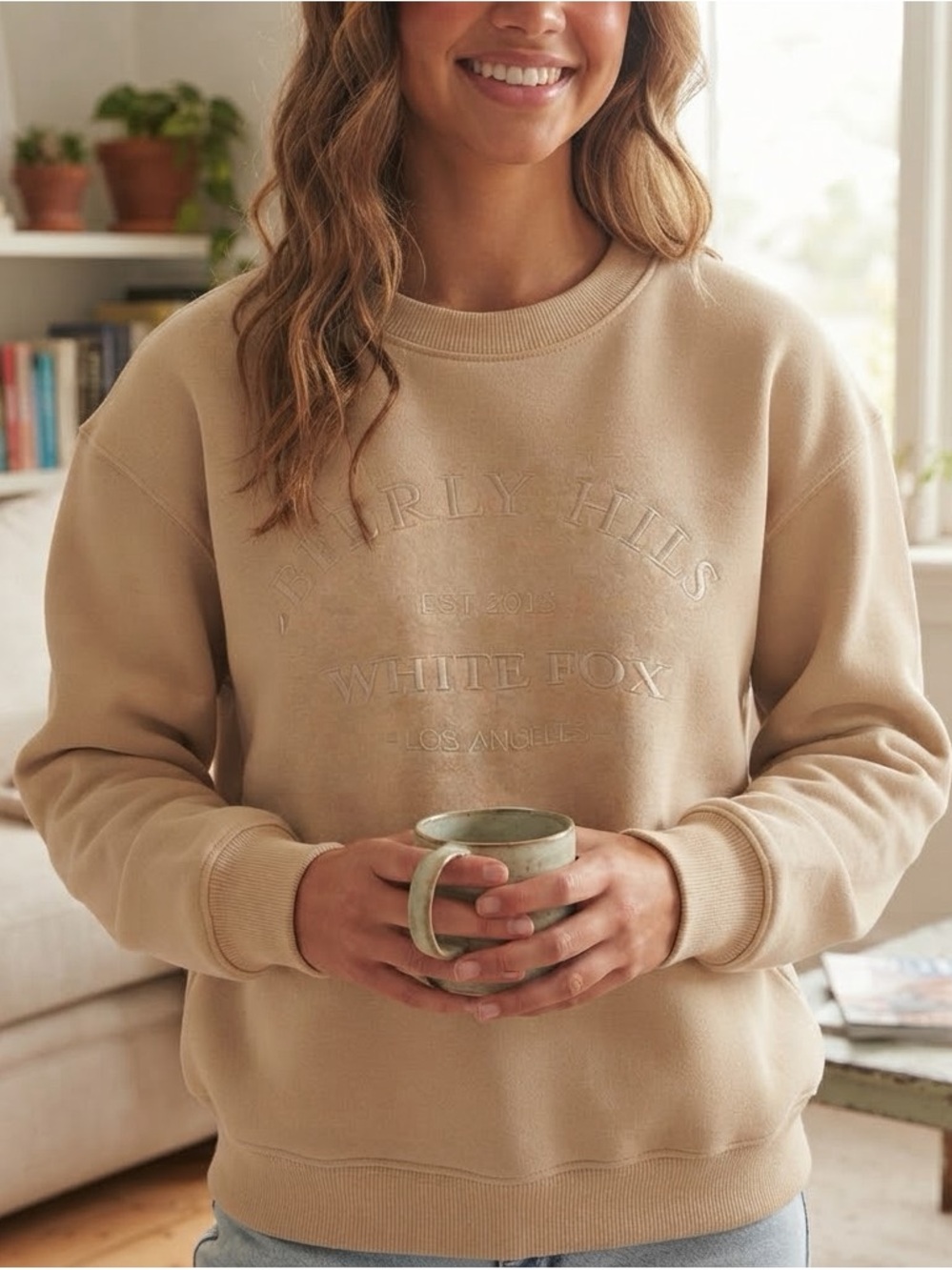 White Fox Boutique Beverly Hills Embroidered Beige Crewneck Sweatshirt Size S/M